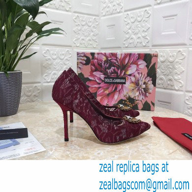 Dolce  &  Gabbana Heel 10.5cm Taormina Lace Pumps Burgundy with Devotion Heart 2021